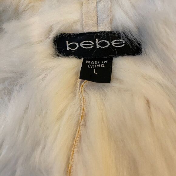 Y2K Glam VTG Bebe Penny Lane Faux Fur Suede Large Hooded Winter Coat Cream Pink - Picture 9 of 13
